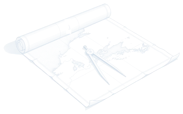 Engraving: an unrolled map and a pair of navigation dividers.