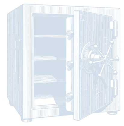 Engraving: a safe, its door ajar.