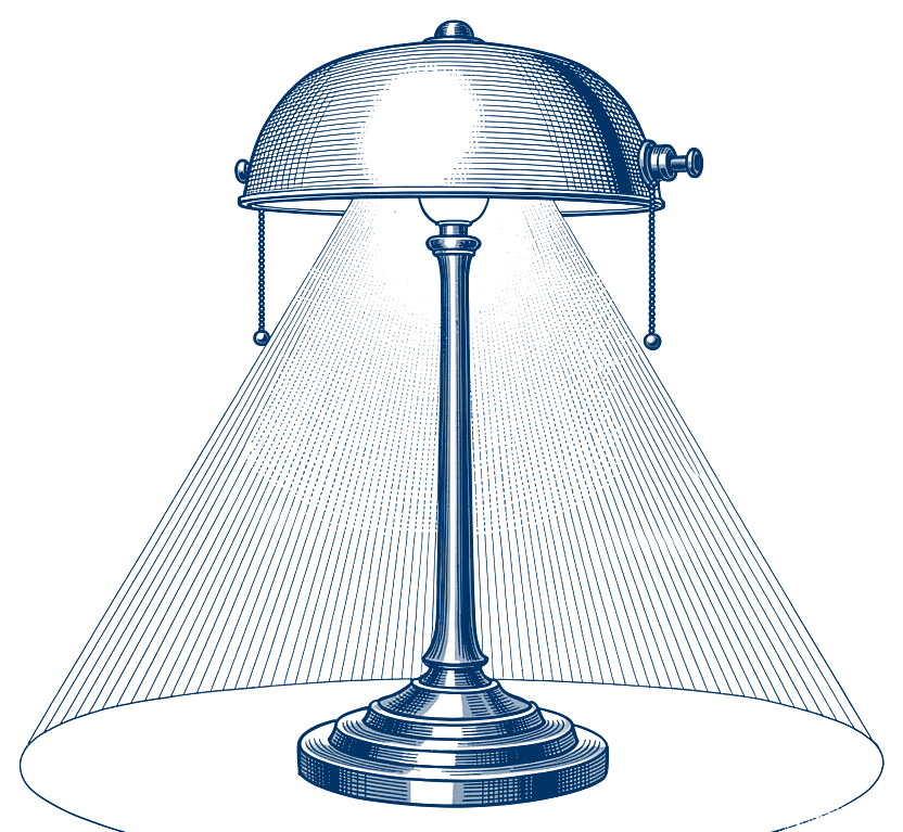 Gravure : une lampe de bureau allumée.