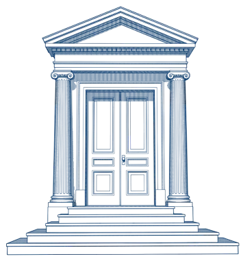 Gravure : la porte monumentale d'une grande institution, fermée.