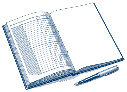 Gravure : un registre ouvert. La page de gauche est remplie, celle de droite est restée blanche.