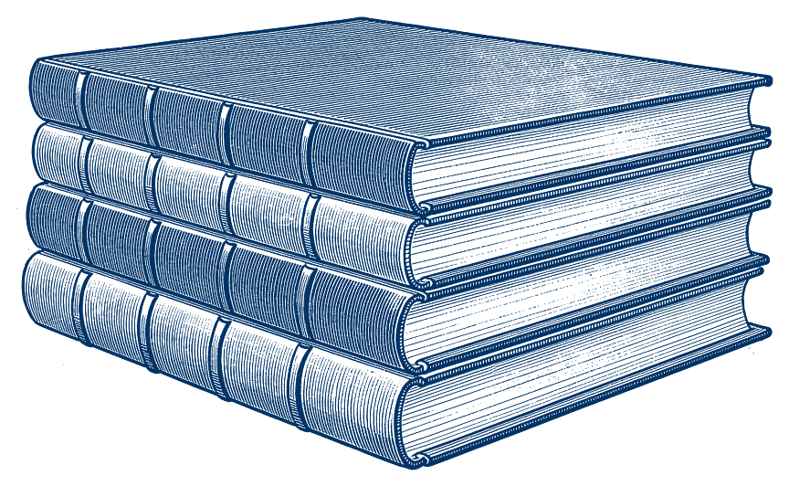 Engraving: a stack of bound ledgers.