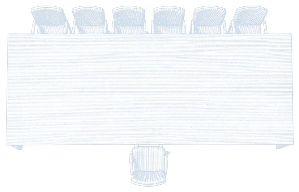 Gravure : une table de négociation vue du dessus. Six fauteuils en face ; de votre côté, le vôtre, et un second, doré.